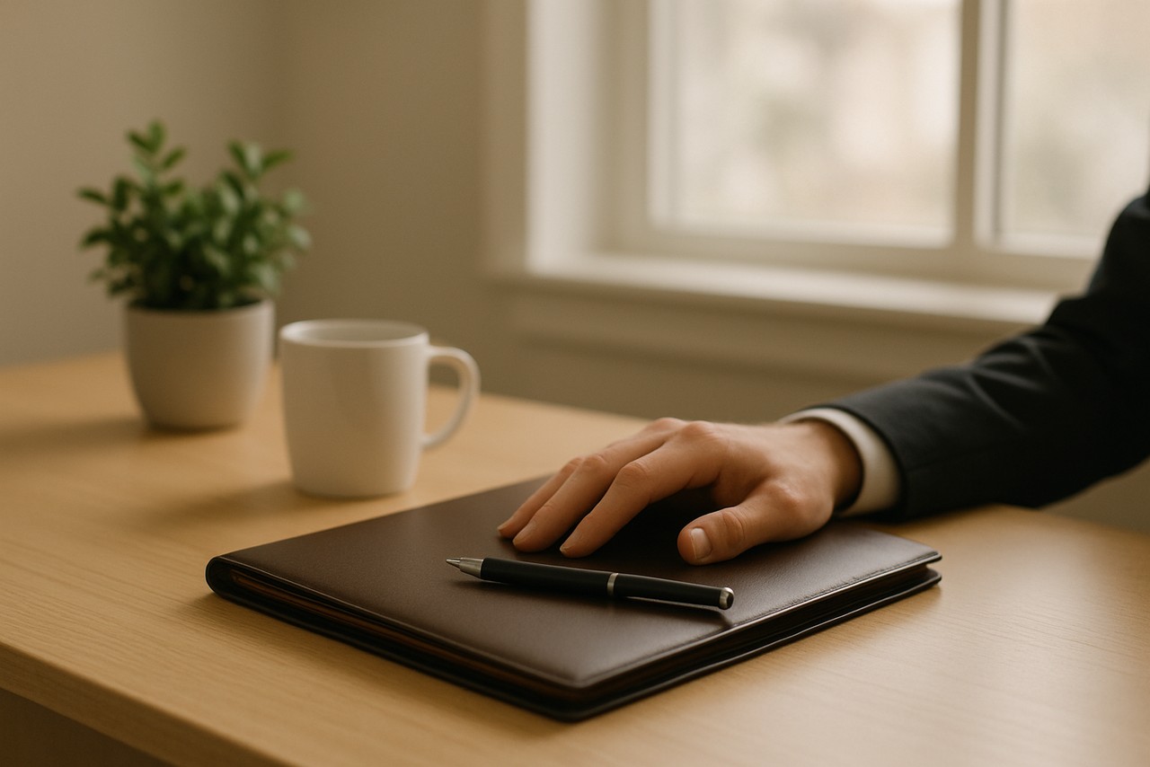 A hand rests on a closed leather portfolio with a capped pen, on a sunlit office desk beside a mug and a plant.